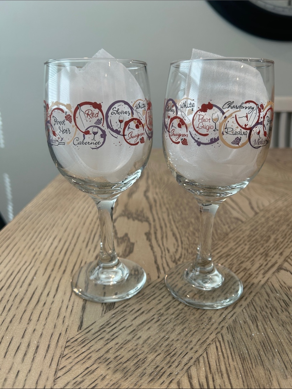 Set of two Libbey Stem Wine/ Water glasses with Wine names as design